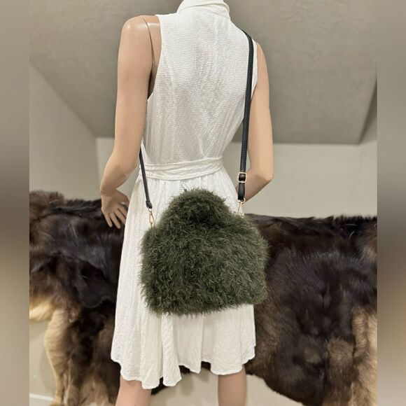 Olive Green Handmade Genuine Curly Shearling Top Handles Bag/Crossbody - Picture 8 of 16